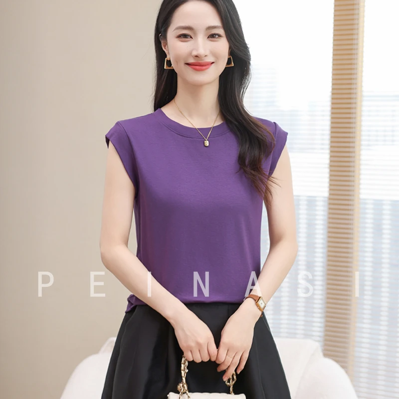 小飞袖设计感女士圆领T恤2025新款洋气显瘦纯色无袖上衣夏季爆款