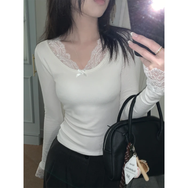 Manman Y3656自制纯欲蕾丝边内搭t恤新款带胸垫修身显瘦打底衫