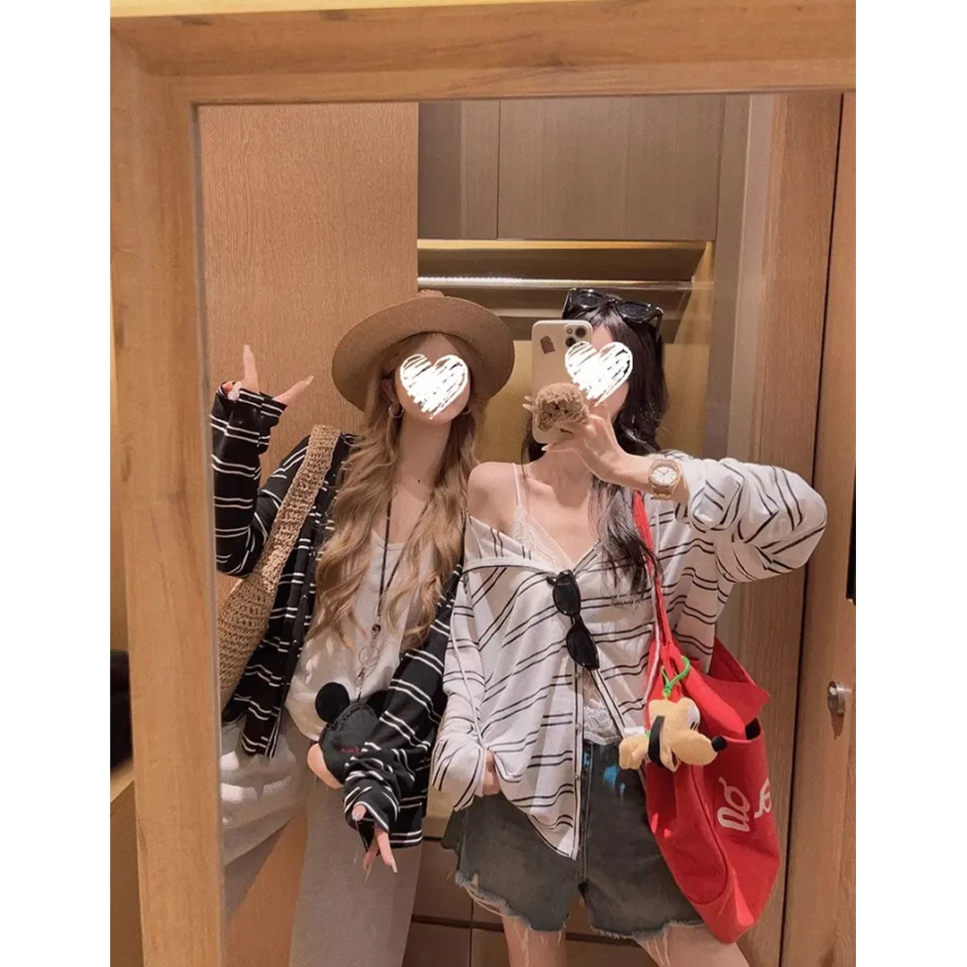 韩系慵懒风防晒条纹连帽开衫女夏季新款小众百搭宽松显瘦薄款上衣