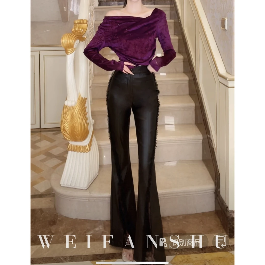 WEIFANSHU/魏凡舒【魔女衣橱】早秋新款时髦气质显瘦毛边微喇时装裤