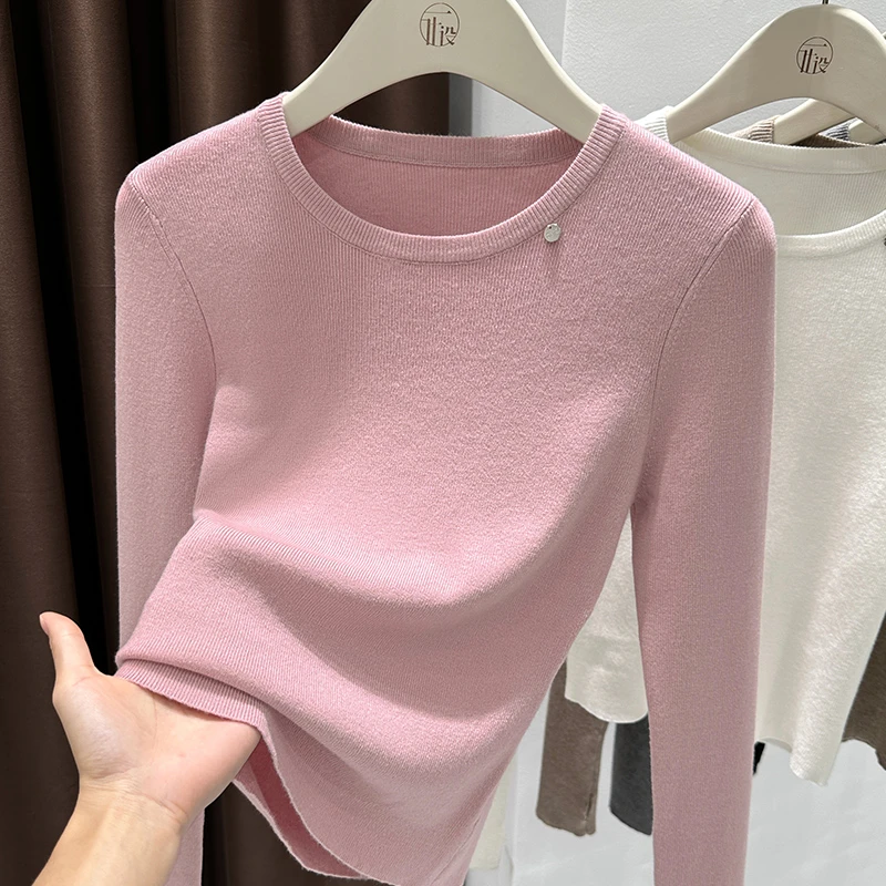 粉色简约百搭针织短款修身上衣秋季新款开叉手袖设计感内搭薄款女