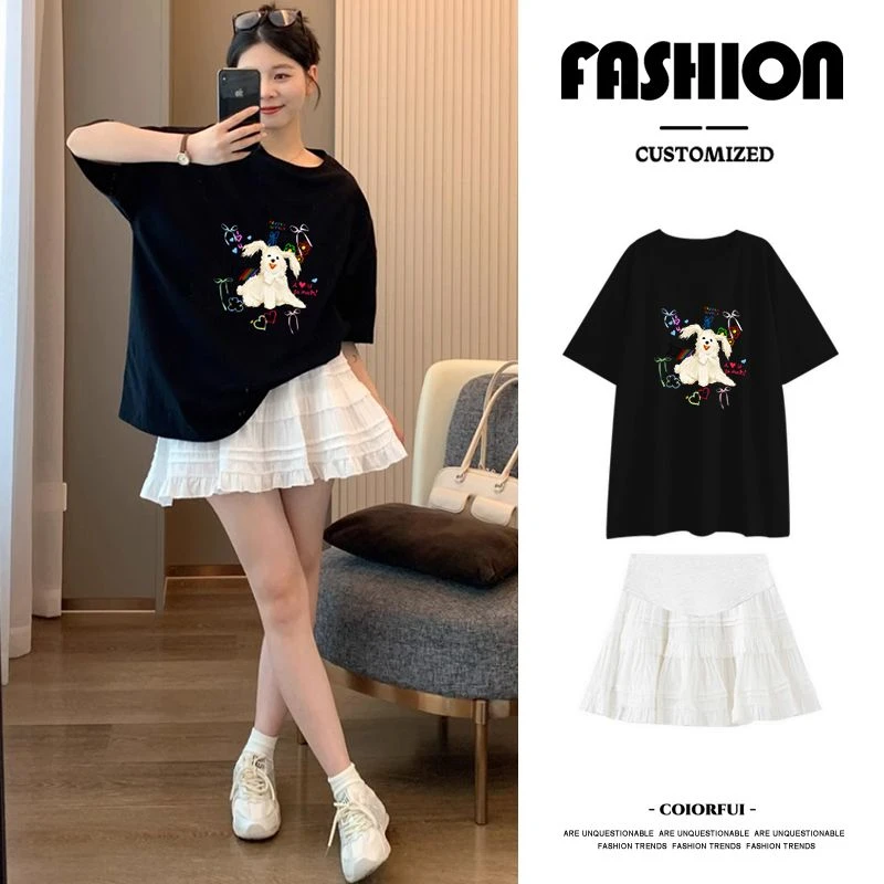 孕妇夏季两件套装卡通印花开心小狗夏季短袖体恤短短裙薄款套装