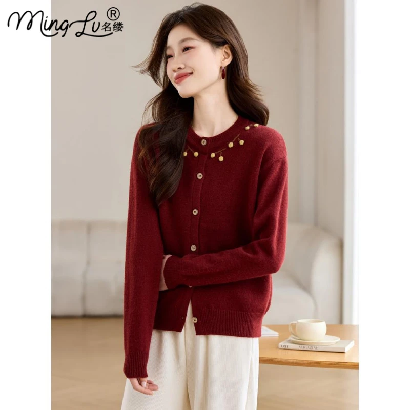 欧货圆领毛衣开衫女春秋2025新款红色针织上衣小个子高级感外套