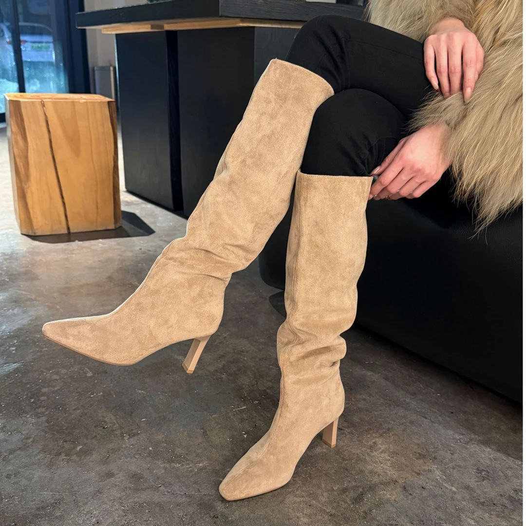 【6公分】2025秋冬新款褶皱过膝长筒尖头细跟高跟时装筒靴女靴