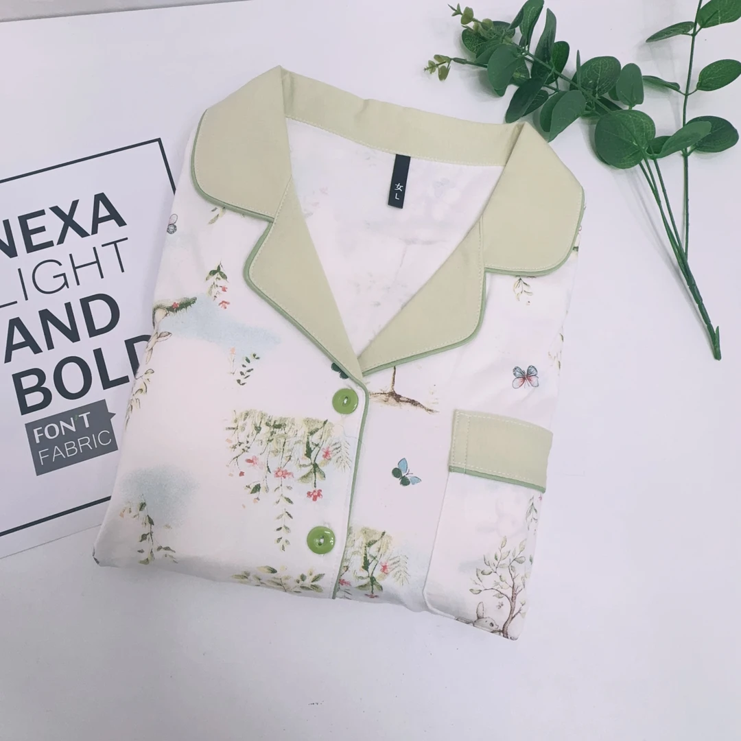 168#【短袖短裤+长裤带胸垫】夏款鲜花兔女士100纯棉睡衣套装家居服