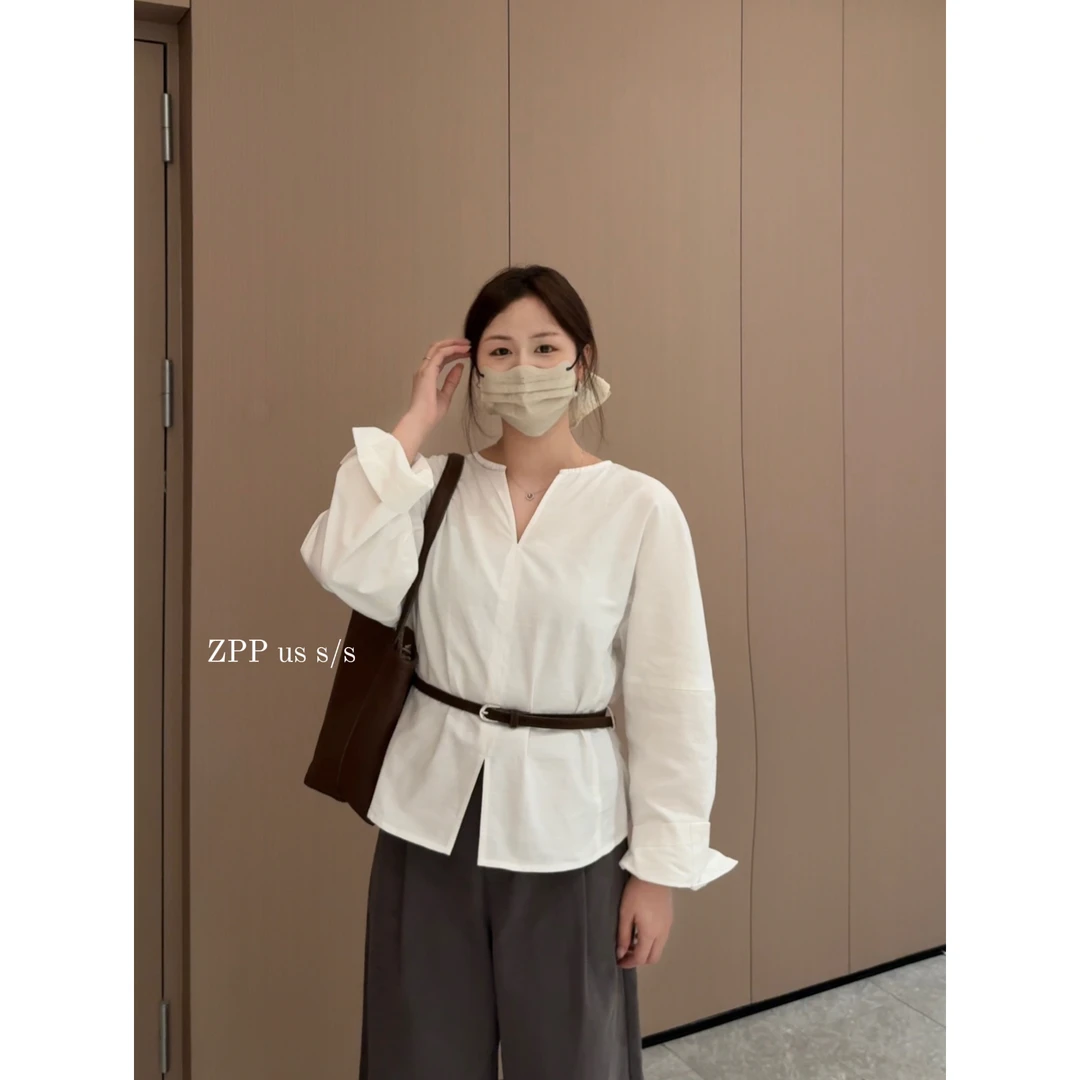 ZPP . 长袖早秋气质女人设计感双V开衩小衫(配腰带)  显瘦小众
