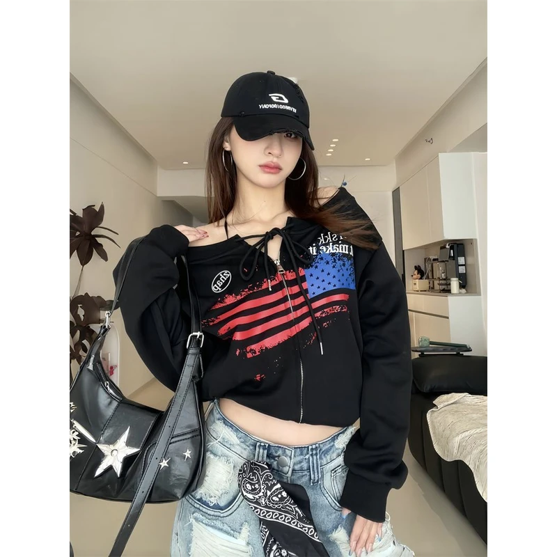 【ZHAP】美式复古辣妹斜肩卫衣女秋季拉链开衫外套短款春秋款斜肩潮