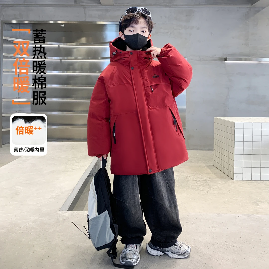 男童冬装加厚棉衣连帽2026新款儿童红色拜年服夹棉外套抗寒保暖潮