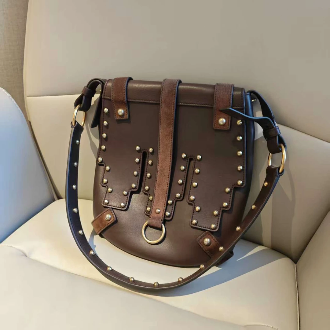 95新 YSL/圣罗兰 【胖】 27PP05 棕色铆钉皮革单肩包