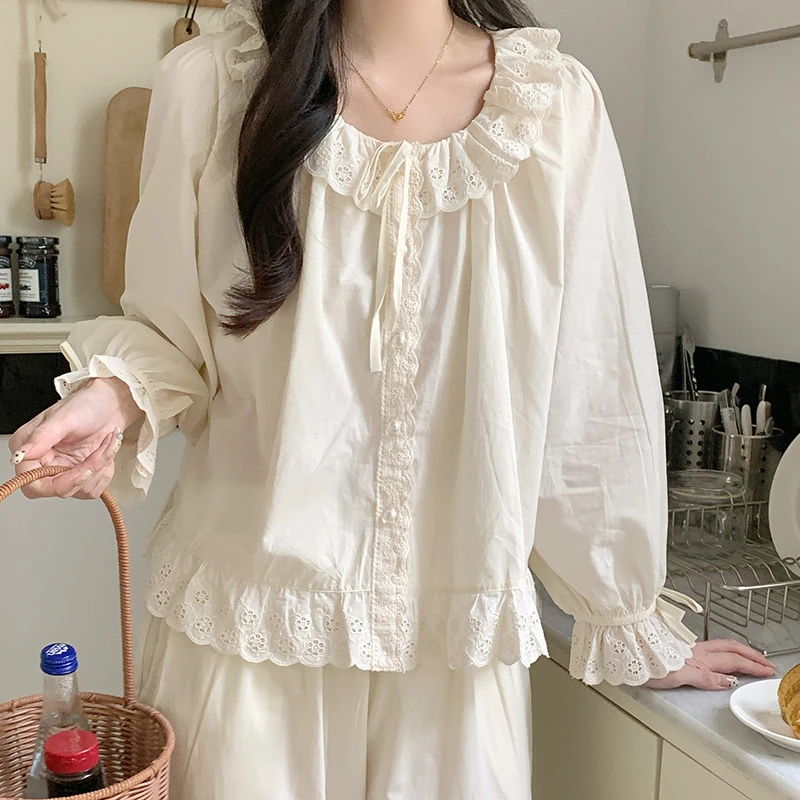 韩系纯棉睡衣女秋季新款甜美公主蕾丝花边开扣可外穿家居服S25225