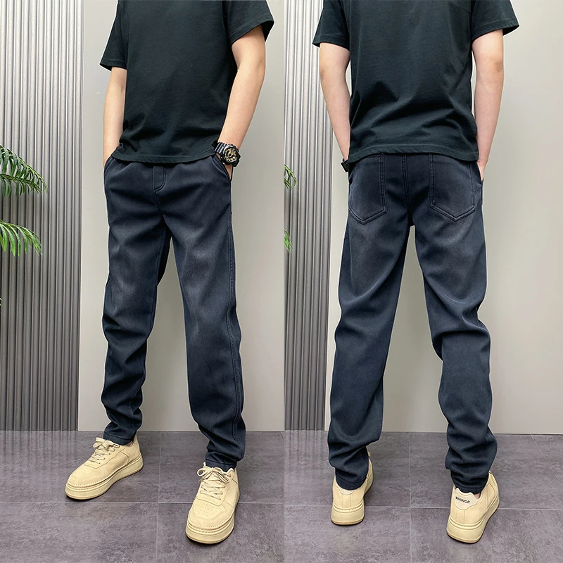 2025年冬季加绒潮流韩版痞帅水洗高街磨白青年男士休闲牛仔裤子男