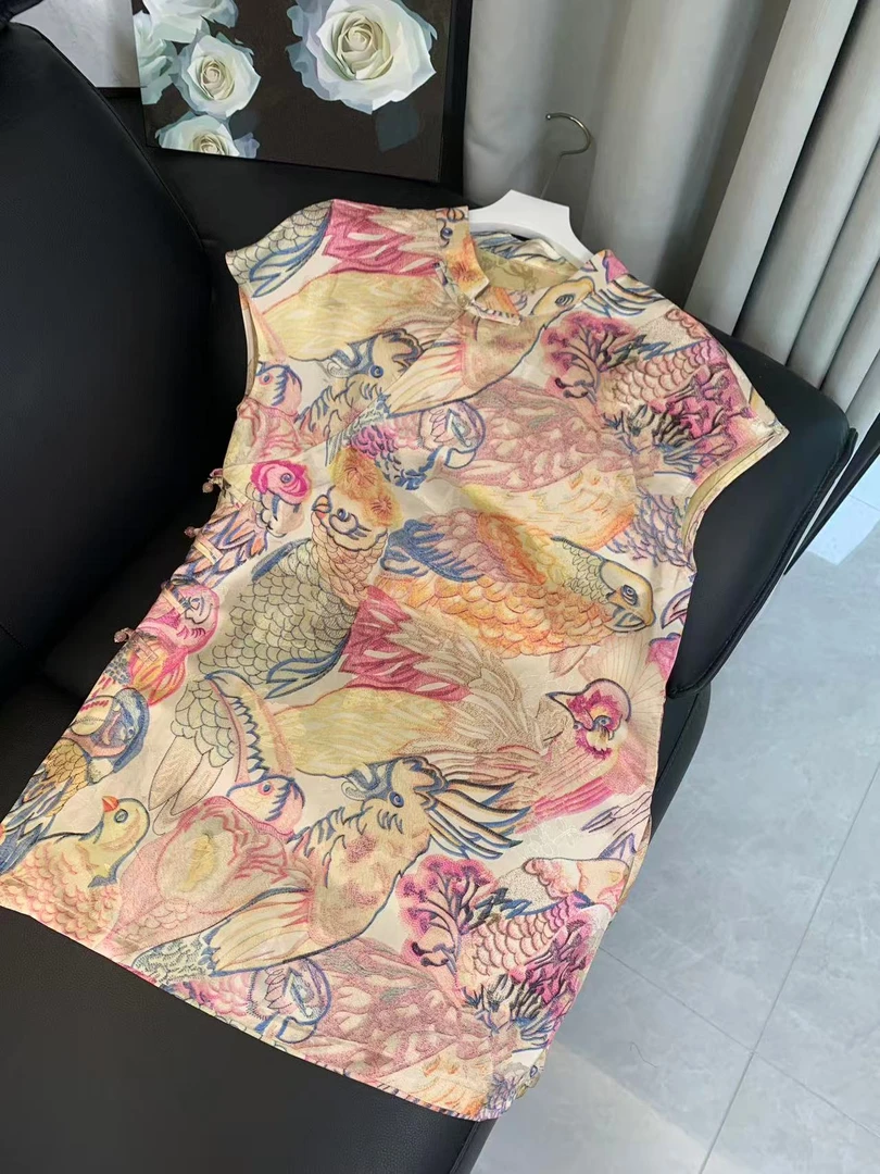 九月   粉鹦鹉-奥黛   新款气质提花人丝香云纱国风连衣裙