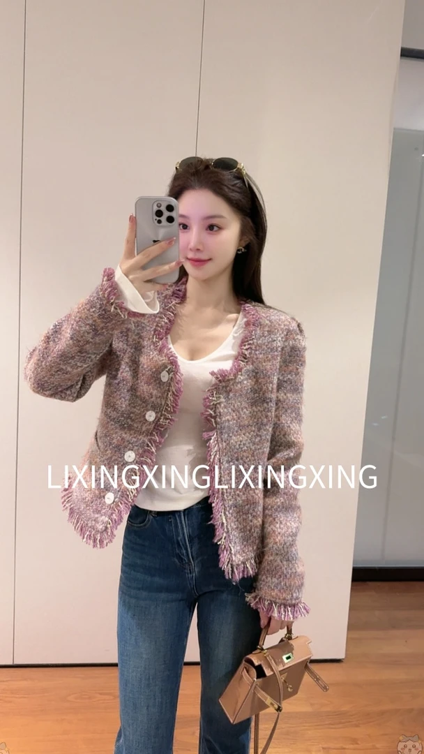 LXX【流苏紫小香】意式编织耐磨女长袖秋季单排扣短外套秋冬粗花呢