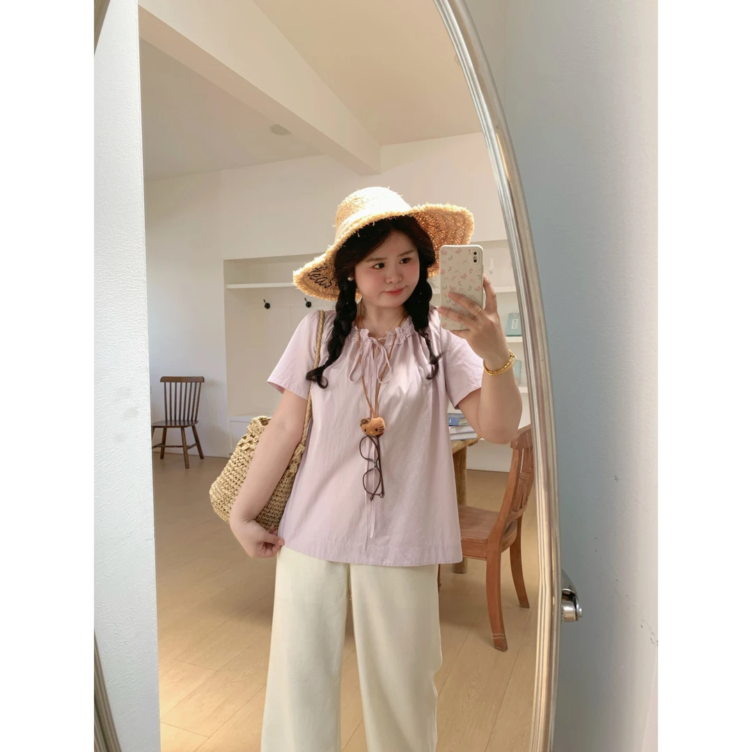 【慵懒氛围感】大头婷微胖夏季宽松衬衫木耳边圆领短袖上衣