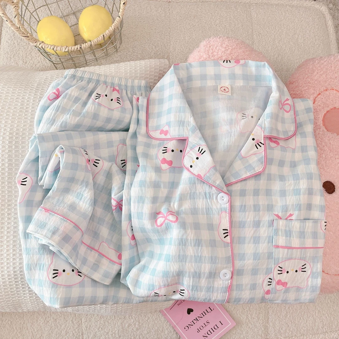 春秋季蓝格子云朵棉kitty睡衣女薄款长袖ins风可爱卡通家居服套装