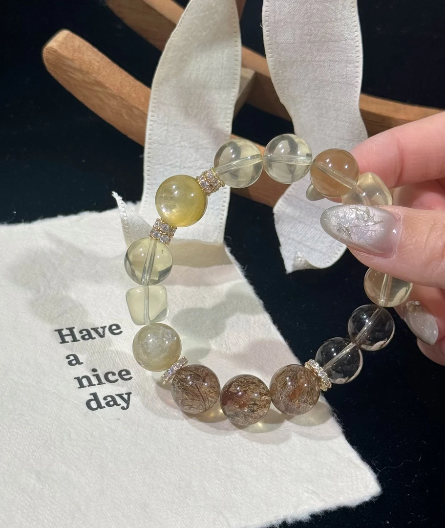 F81《阳光茶》柠檬黄黑金超金锂云母手串手串