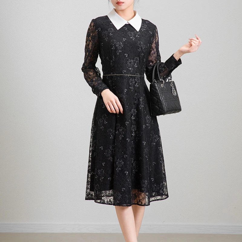 25034 春亲肤连衣裙方领修身显瘦时尚设计感蕾丝收腰裙子女士气质