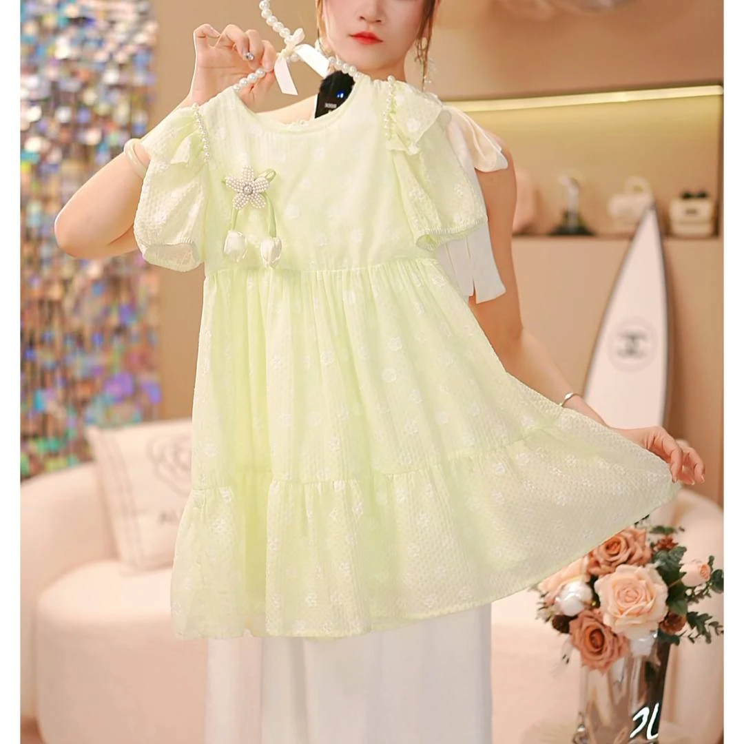 【薄荷奶绿】2025女童田园风夏季淑女网纱裙子夏季收腰裙儿童洋气