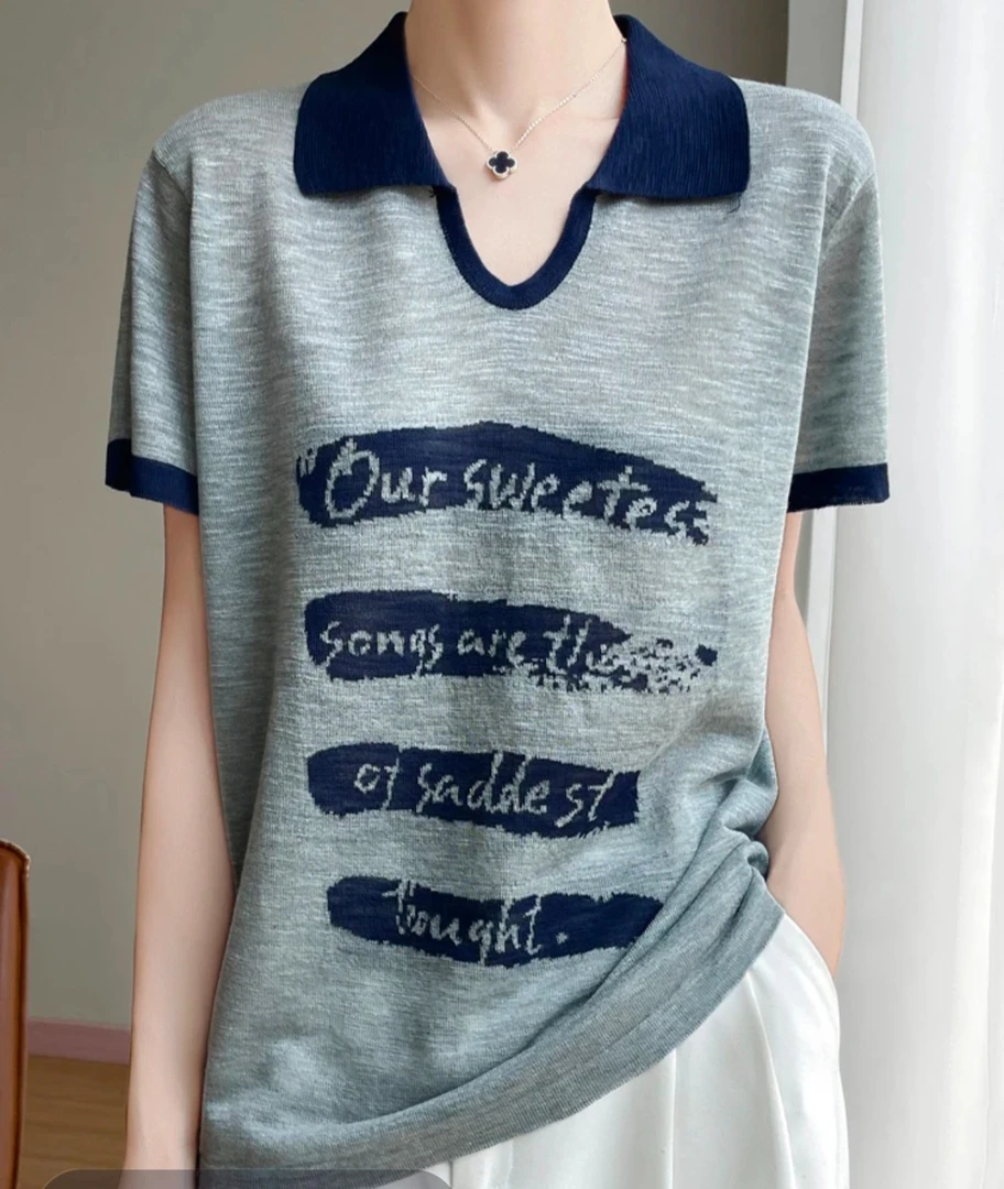 夏季竹节麻剪刀翻领拼色字母针织短袖洋气百搭时尚宽松显瘦653