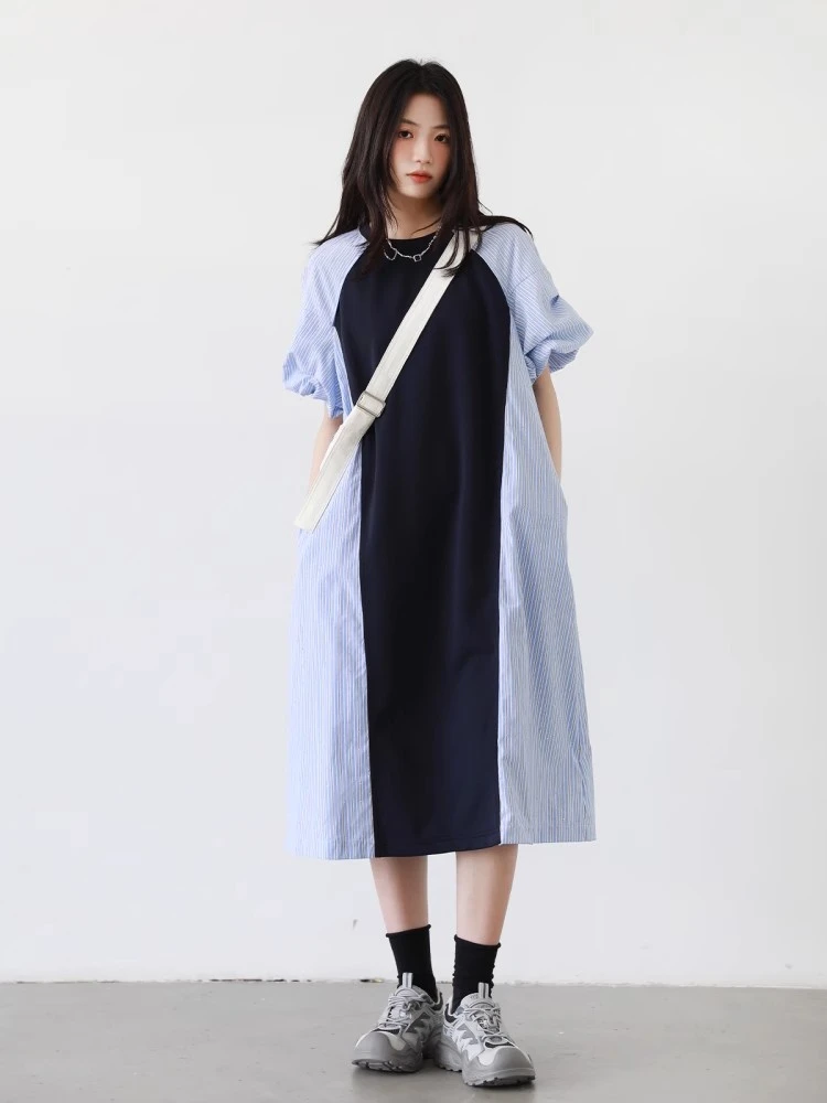 【条纹瘦瘦裙】小众设计师款拼接条纹显瘦连衣裙女夏季宽松休闲长裙