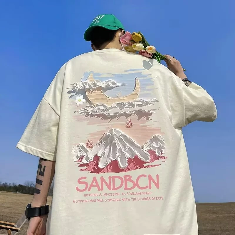 2024夏季T恤潮流月山印花短袖上衣男装新款夏装体恤打底衫情侣潮