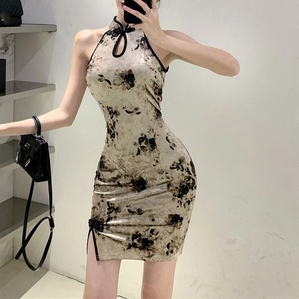 性感无袖改良旗袍复古夏季少女短款修身收腰显瘦开叉包臀连衣裙女