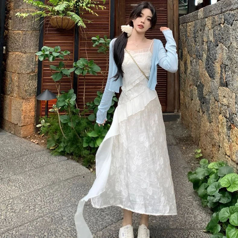 C-8839包包专属大码夏季新款胖MM韩系甜美法式气质仙女长裙+开衫