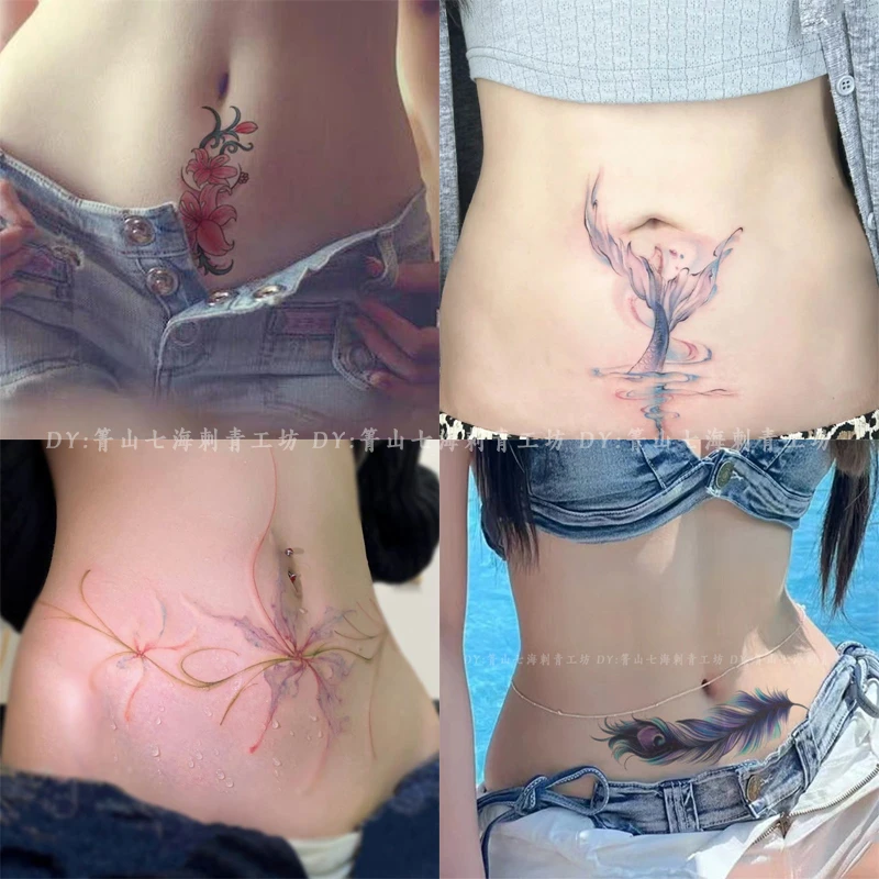 网红横竖款遮疤彩色纹身贴防水女持久高级感花朵一次性羽毛可水洗