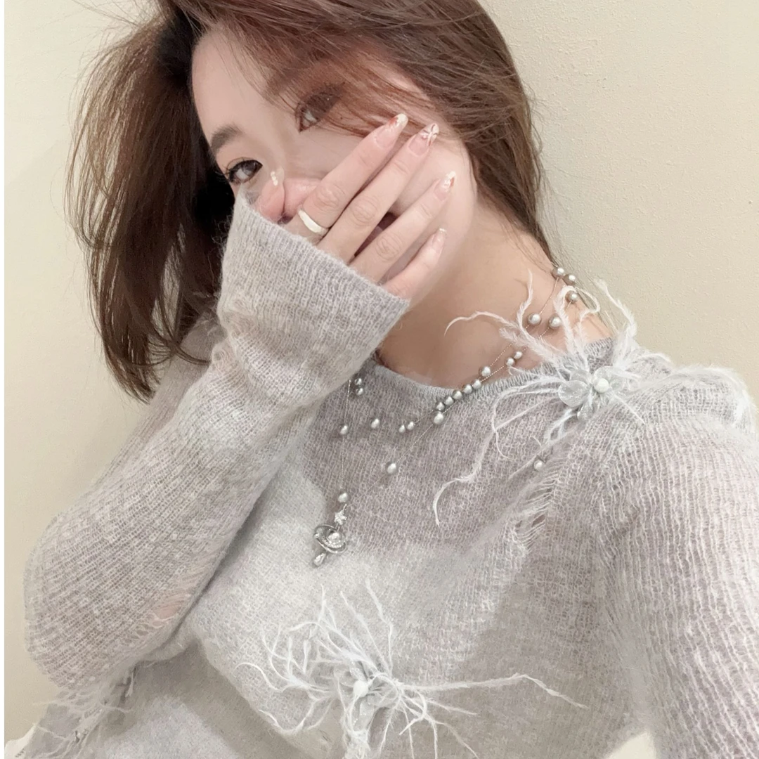 【BayaLi】2025春夏季新品马海毛羽毛仙女上衣