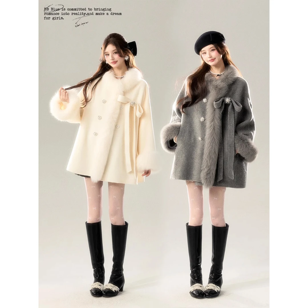 BB BLUE 原创设计 雪国千金真狐狸毛羊毛 白色灰色毛呢短款外套