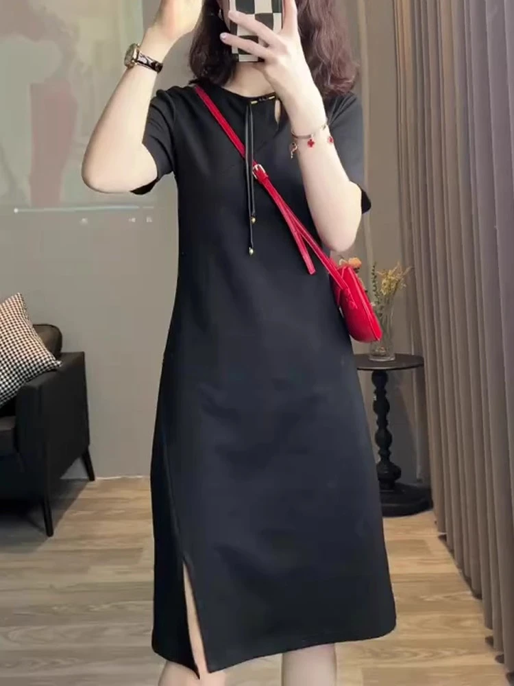 国风新款大码连衣裙2025夏款女装气质简约高级感盘扣短袖开叉裙子