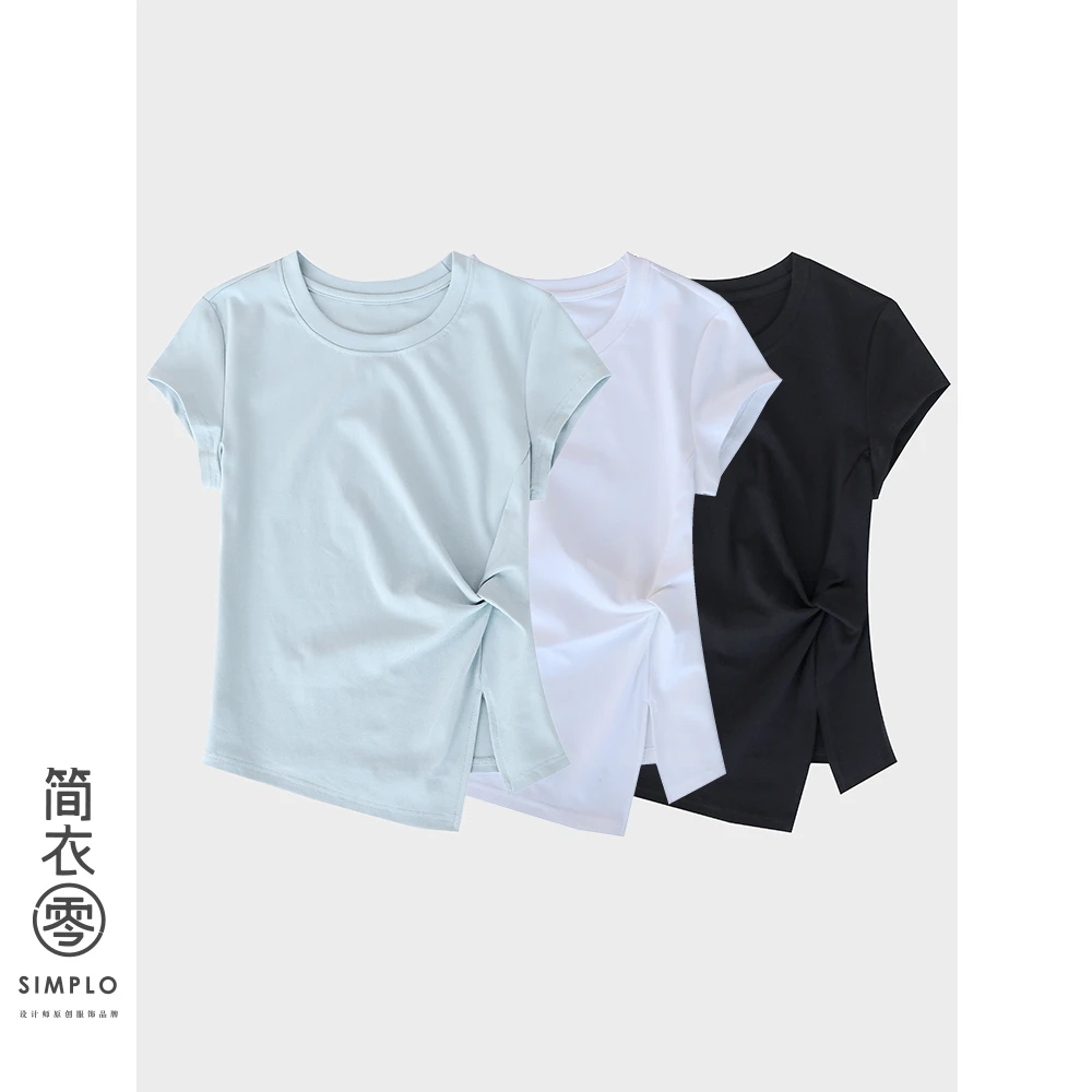 【59011】不规则T恤抽褶下摆开叉显瘦遮肉洋气短袖