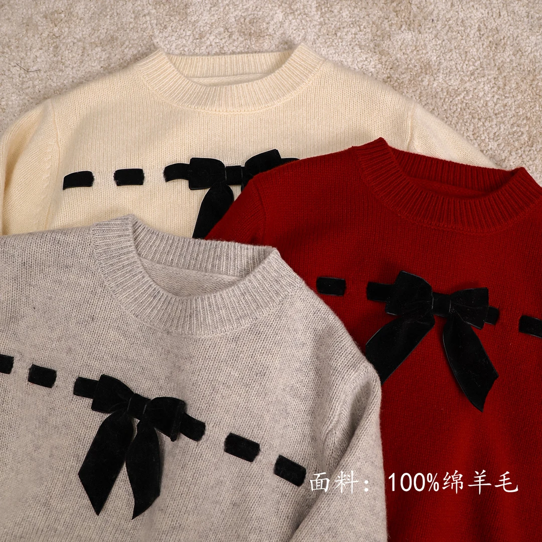 100%绵羊毛儿童毛针织衫 秋冬款蝴蝶结百搭针织时尚圆领羊毛衫