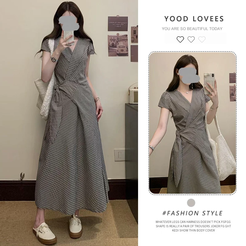 韩系设计感交叉绑带短袖连衣裙女春夏季新款复古格子收腰气质长裙