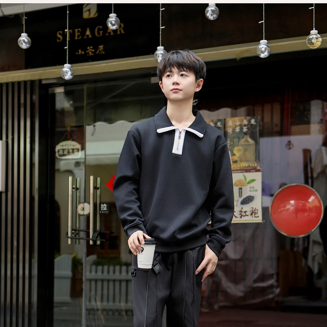 潮流半拉链卫衣男士2025年春秋宽松休闲百搭韩版翻领长袖打底上衣