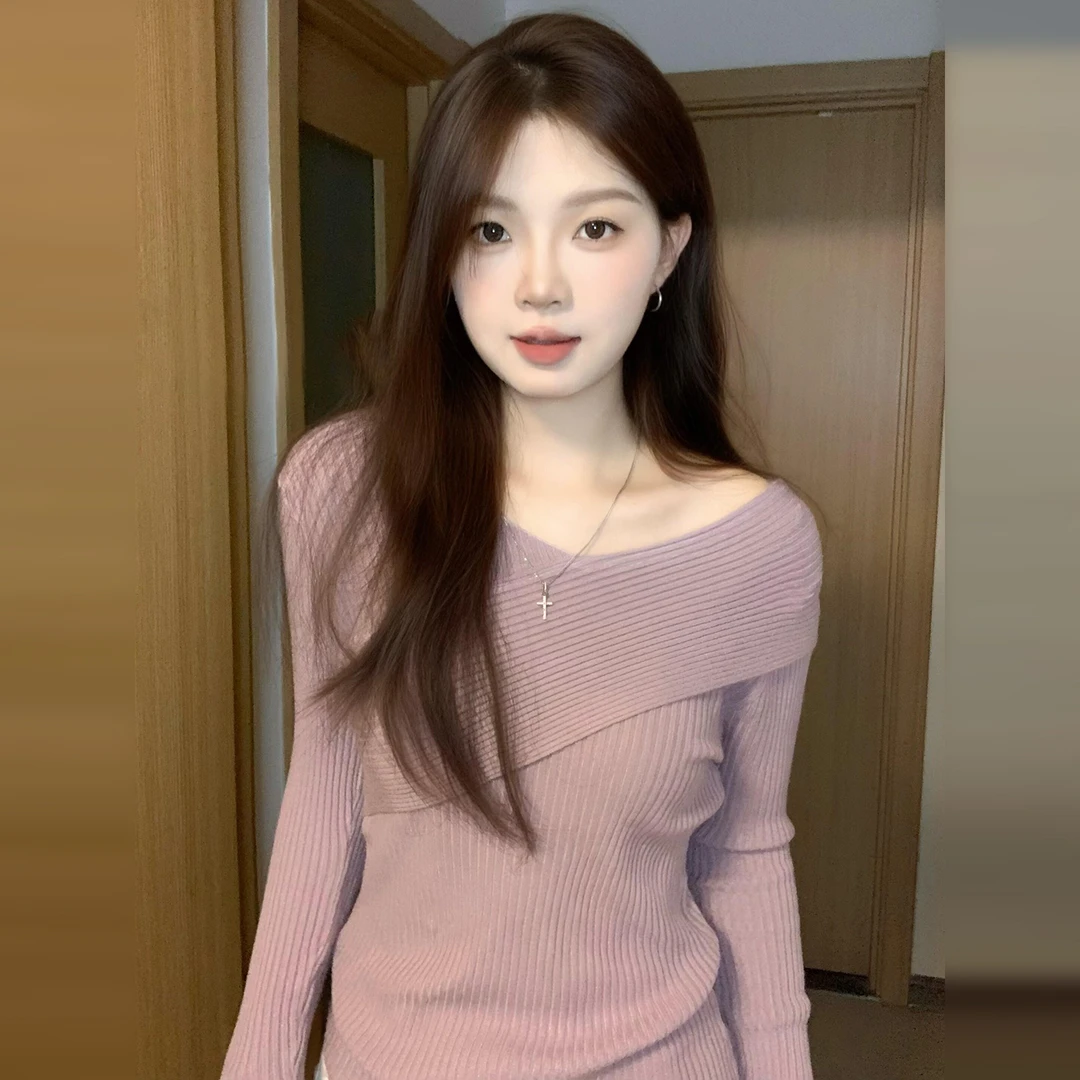 法式气质紫色v领针织毛衣女秋冬季新款高级感修身内搭打底衫上衣