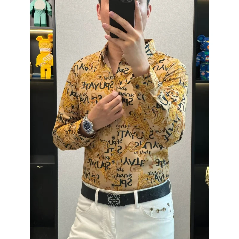 男士秋季桑蚕丝绵羊毛休闲高端印花无缝高品质欧货弹力长袖衬衫