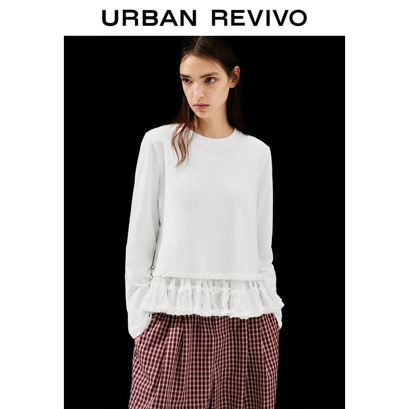 UR2025秋季新款女装休闲甜美荷叶边拼接系带T恤UYL450251