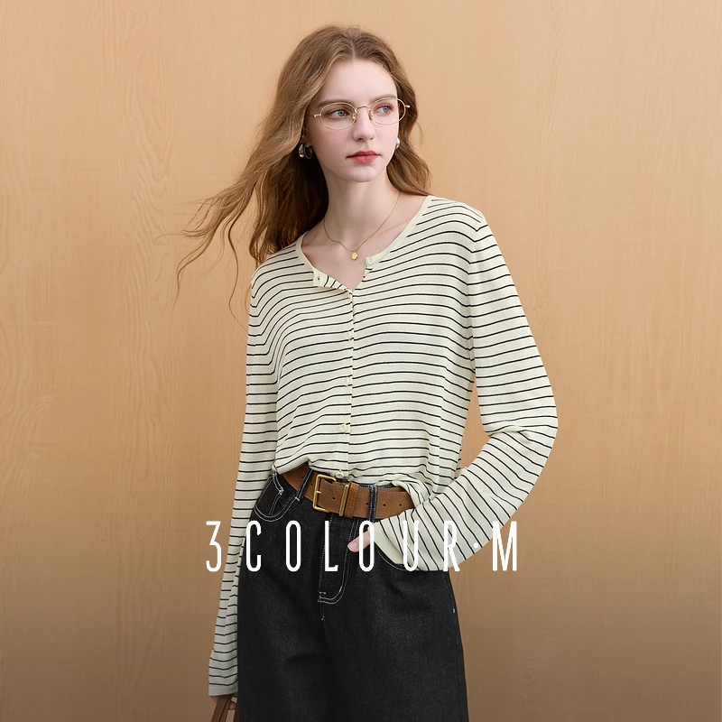 三彩2025夏季新款圆领长袖条纹针织衫开衫显瘦轻薄透气毛衫M
