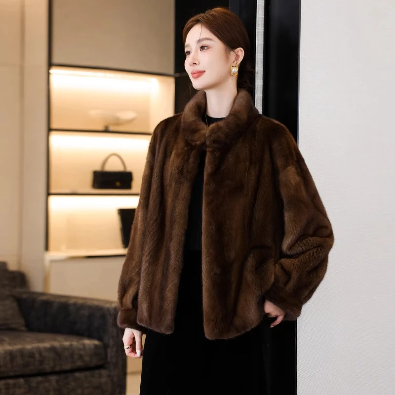 高端水貂毛皮草外套女冬季新款整貂裘皮立领天鹅绒貂皮大衣短款潮