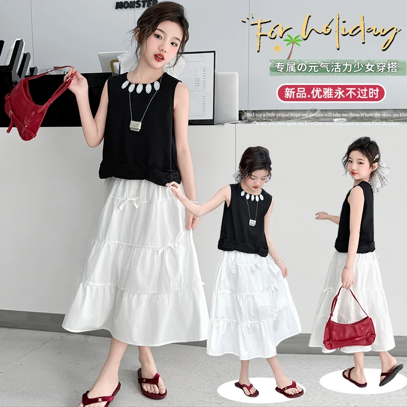 女童夏装套装2025新款韩版洋气儿童大童夏季无袖上衣半身裙两件套