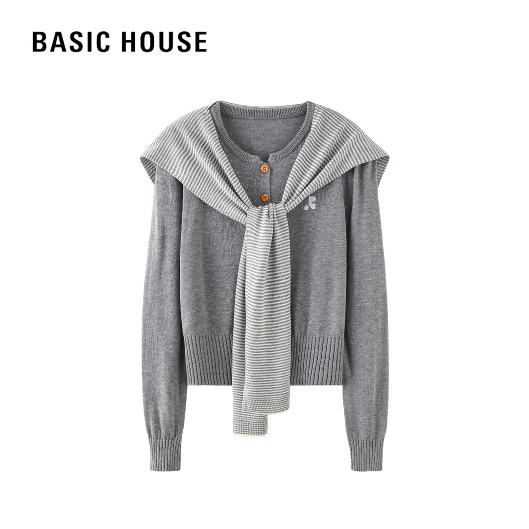 Basic House/百家好春秋时尚休闲百搭条纹纯色韩版简约针织衫M主