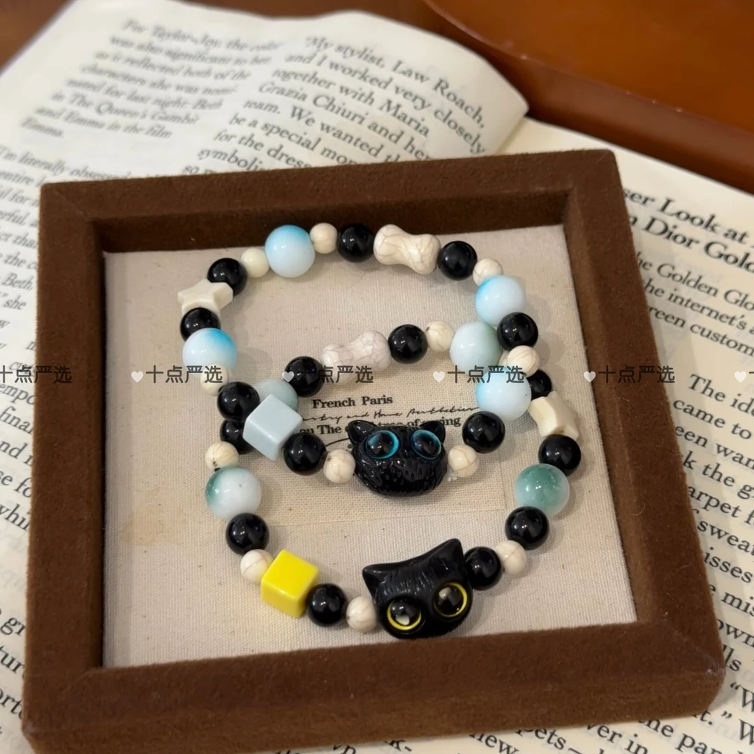 非金属树脂手链 「可爱卡通」奶酪黑芝麻酱黑色猫咪手链星星手饰潮~