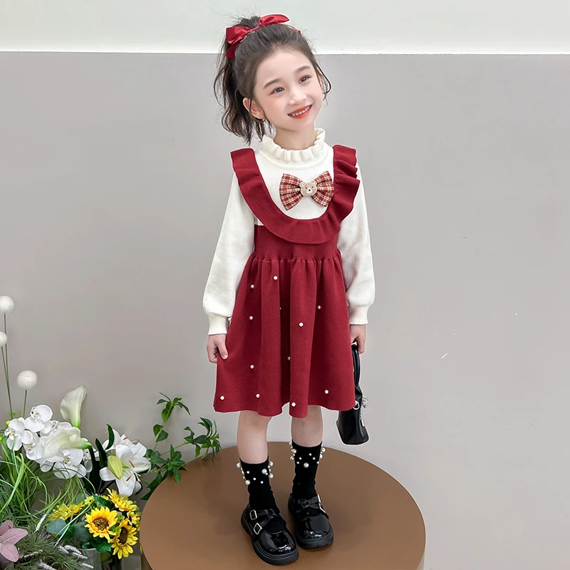 女童秋季甜美连衣裙2025新款儿童洋气女宝宝时尚下摆珍珠毛衣裙潮