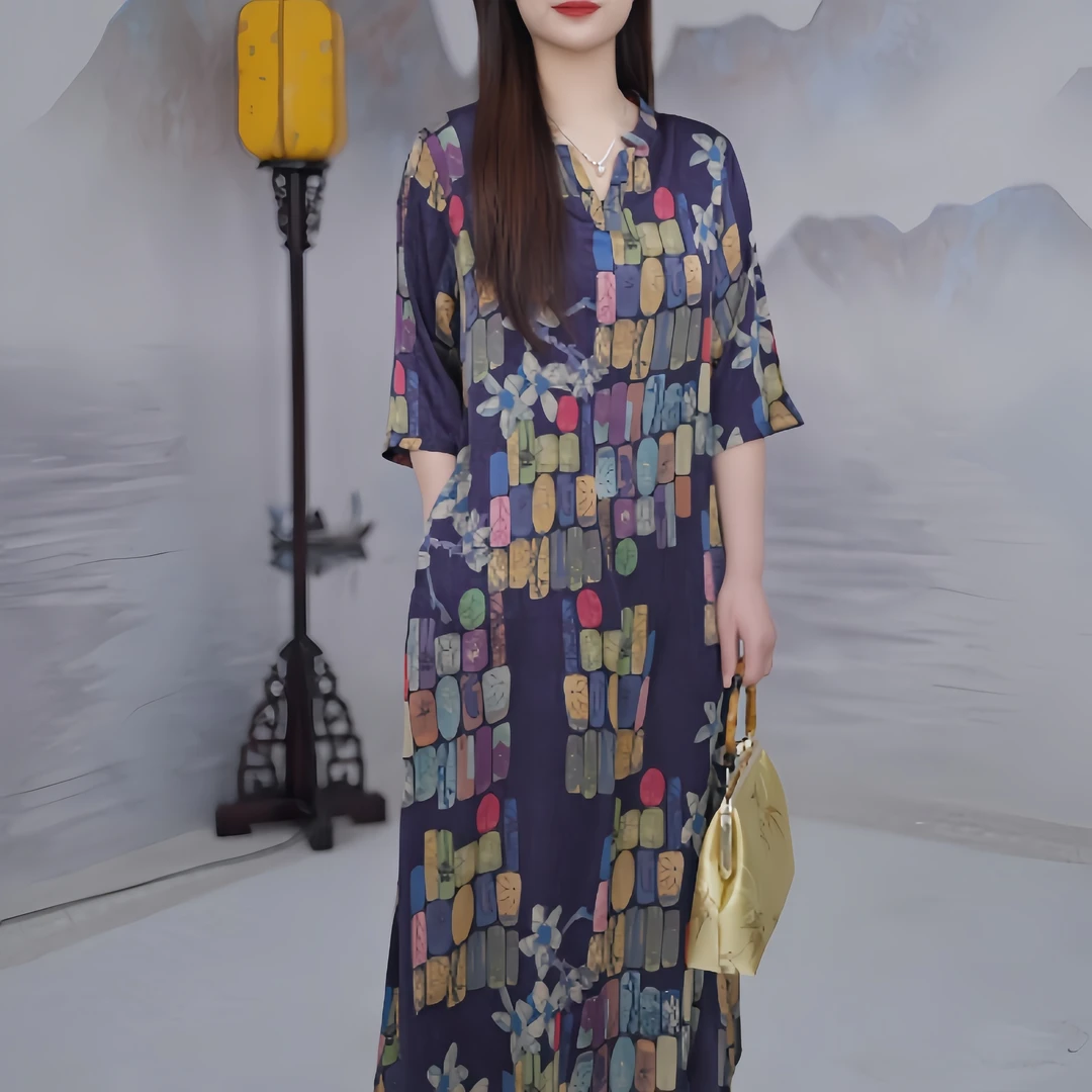 宝藏衣橱7135 时尚高级感法式中长款优雅轻奢显瘦七分袖连衣裙