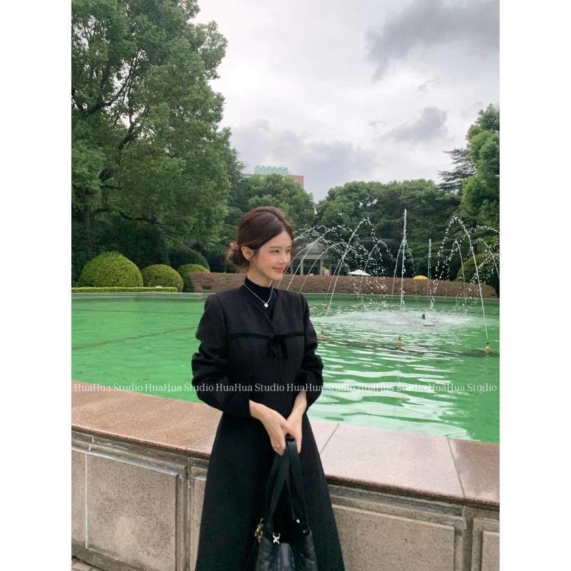 【花花】沪上千金~韩系修身显瘦羊毛蝴蝶结丝绒织带长款夹棉大衣