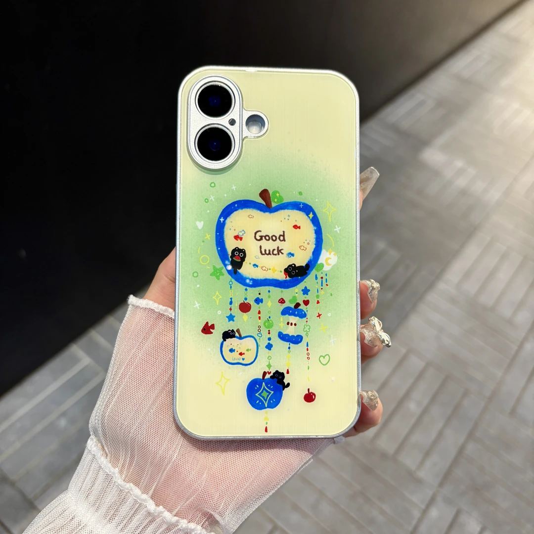 苹果/华为/oppo/vivo/小米 卡通苹果适用iPhone16肤感玻璃手机壳