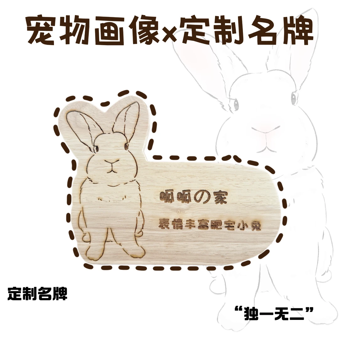 宠物定制实木名牌纯手绘画像兔子头像全身设计