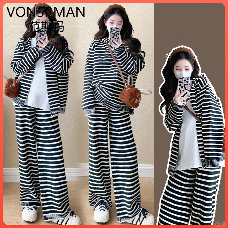 个性时髦减龄孕妇气质休闲套装春秋冬季新款条纹针织上衣阔腿裤时