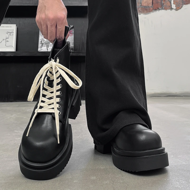 马丁靴男厚底增高7cm秋季新款工装巴黎德比鞋透气黑色高帮皮鞋潮